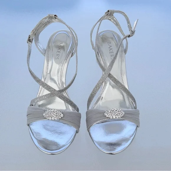 Bakers Skye Silver Glitter Rhinestone Bling Strappy Stiletto High Heel Shoes 10M - Picture 2 of 9